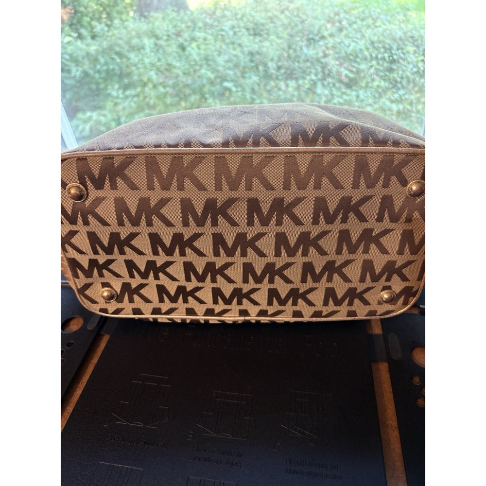 Michael Kors MK Signature Brown Jacquard Tote Shoulder Bag Leather Trim - Picture 5 of 8